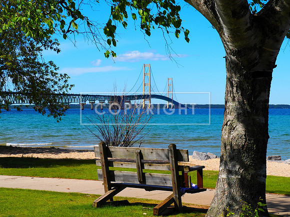 Bench with a view of the Mackinac Bridge, Northern Michigan